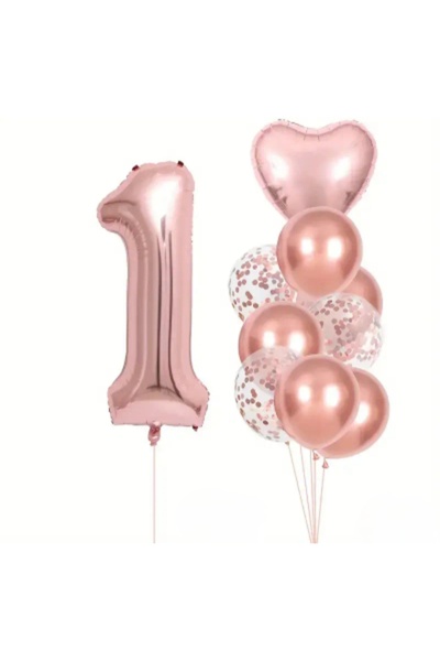 SİNDA Doğum Günü Konsept - Rose Gold Rengi -Rakam,Konfeti ve Kalp Folyo Balon