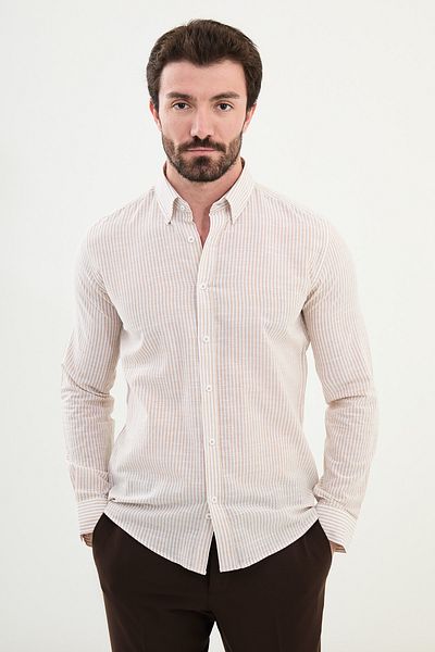 Mcr Striped Slim Fit Long Sleeve Linen Men's Shirt Beige - 27046.25Y