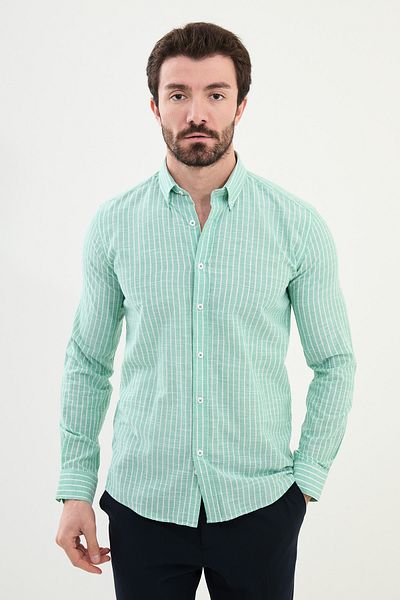 Mcr Striped Slim Fit Long Sleeve Linen Men's Shirt Green - 27047.25Y