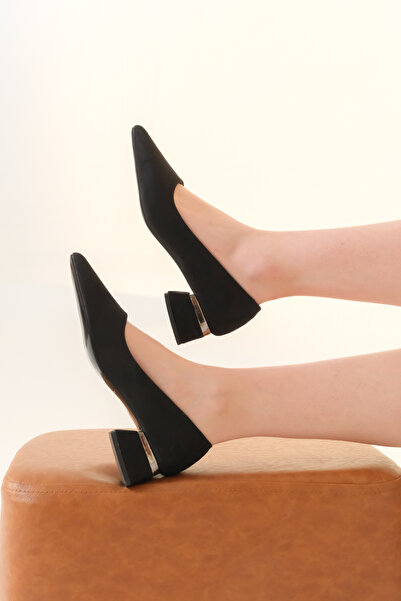 Moda Değirmeni Black Suede Women's Flat Classic Thick Heeled Shoes Md1001-119-0008