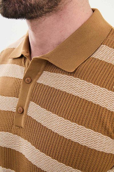 Mcr Striped Slim Fit Polo Neck Men's Knitwear T-Shirt Camel - 11529.25Y