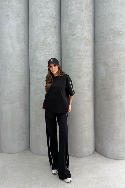 Bliss Women's Striped Short Sleeve Comfortable Fit Bottom Top Black Tracksuit Set