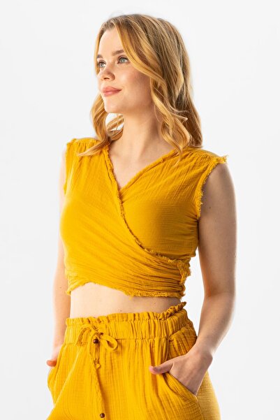 Eliş Şile Bezi Mustard Colored Sleeveless Muslin Summer Blouse - Deren Waist Tied