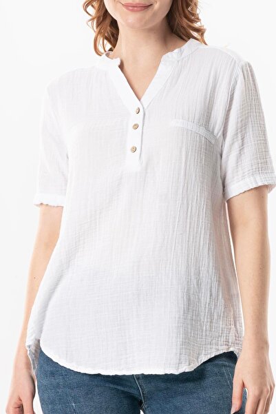 Eliş Şile Bezi Short Sleeve Gülgün V-Neck Muslin Summer Blouse White Byz