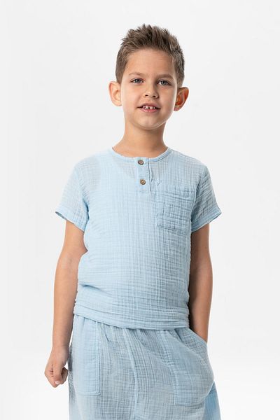 Eliş Şile Bezi Tricou cu mânecă scurtă Western Buzunar Detaliat Vară Muslină Băiat Ice Blue Bmv