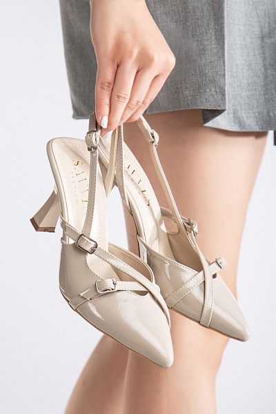 sv savves Women's Beige Patent Leather Stiletto