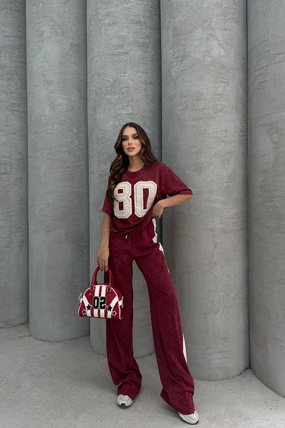 Bliss Women's 80 Detailed Short Sleeve Comfortable Fit Bottom Top Claret Red Tracksuit Set Size m