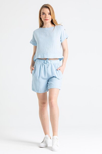 Eliş Şile Bezi İnci Bağlamalı Yazlık Müslin Şort Buz Mavi Bmv
