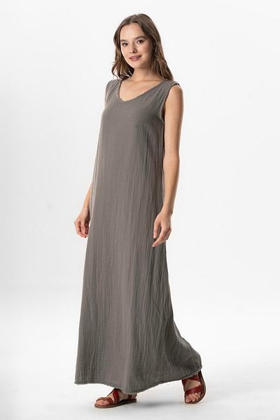 Eliş Şile Bezi Gray Gray Ayla Oval Neck Sleeveless Dress Summer Dress
