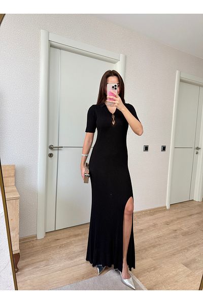 Deppot Stone Detail Slit Polo Collar Bell Dress