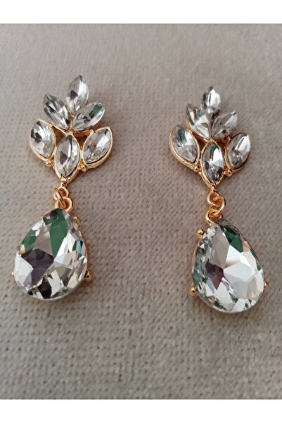 Pervin Ablacım White Stone Top Leafy Dangle Gold Evening Dress Earrings