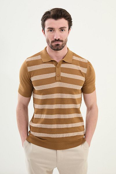 Mcr Striped Slim Fit Polo Neck Men's Knitwear T-Shirt Camel - 11529.25Y