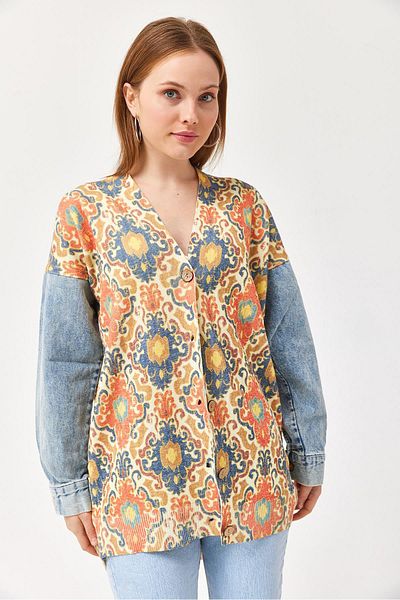 CALİENTE Sleeve Denim Detailed Patterned Long Knitwear Cardigan Yellow
