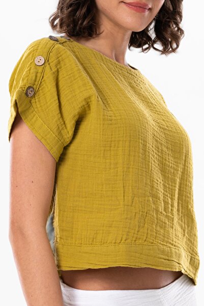 Eliş Şile Bezi Κοντό μανίκι Ιδιαίτερη καλοκαιρινή μουσελίνα μπλούζα λαδί Ygysl