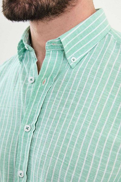 Mcr Striped Slim Fit Long Sleeve Linen Men's Shirt Green - 27047.25Y