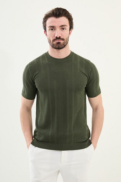 Mcr Patterned Slim Fit Crew Neck Men's Knitwear T-Shirt Khaki - 11535.25Y