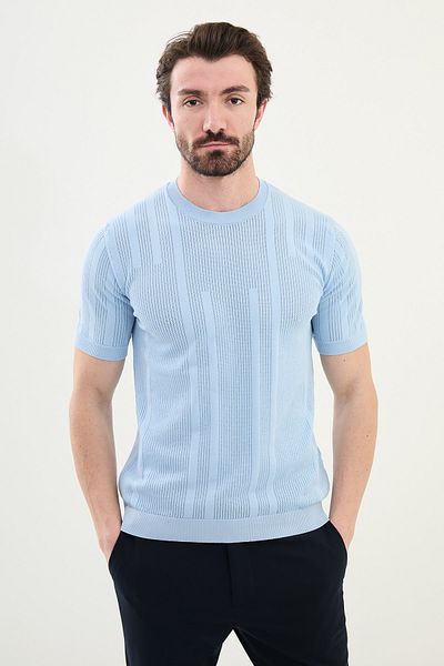 Mcr Patterned Slim Fit Crew Neck Men's Knitwear T-Shirt Blue - 11535.25Y