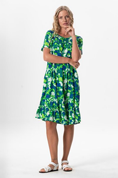 Eliş Şile Bezi Short Sleeve Melda Viscose, Patterned Midi Length Summer Dress