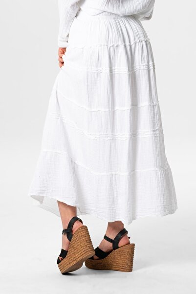 Eliş Şile Bezi Benan Elastic Waist Long Summer Muslin Skirt White White