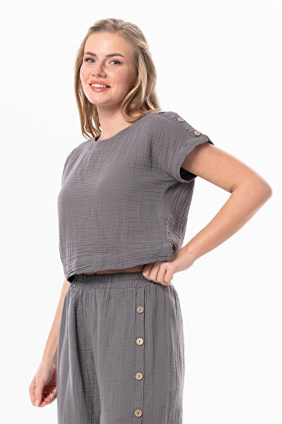 Eliş Şile Bezi Κοντό μανίκι Προσαρμοσμένη καλοκαιρινή μουσελίνα μπλούζα γκρι γκρι