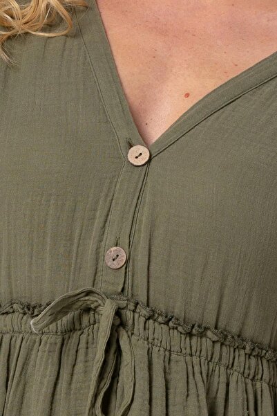 Eliş Şile Bezi Κοντό μανίκι Shirred Afra Midi Καλοκαιρινό Μουσελίνα Φόρεμα Χακί