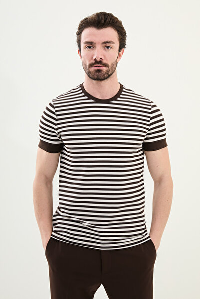 Mcr Смугаста футболка Slim Fit з велосипедним коміром для чоловіків, кавового...