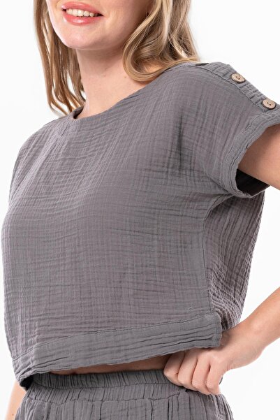 Eliş Şile Bezi Κοντό μανίκι Προσαρμοσμένη καλοκαιρινή μουσελίνα μπλούζα γκρι γκρι