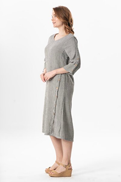 Eliş Şile Bezi Τριών τετάρτων μανίκια με λαιμόκοψη Midi μήκους μουσουλμανικό καλοκαιρινό φόρεμα γκρι/κίτρινο/κομμένο/τουρκικό τηγανητό