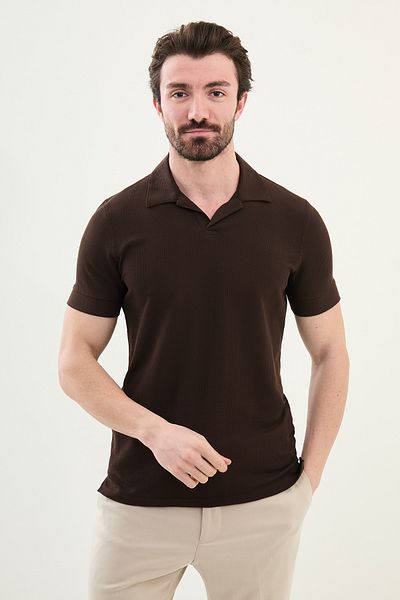 Mcr Striped Slim Fit Lapel Collar Men's T-Shirt Brown - 36847.25Y
