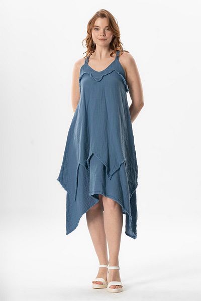 Eliş Şile Bezi Καλοκαιρινό φόρεμα με λαιμόκοψη Leyla Asymmetric Cut Midi Size Muslin Indigo indg