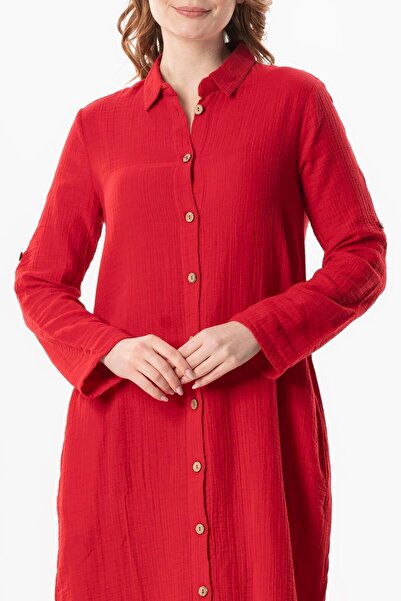 Eliş Şile Bezi Summer Tunic - Long Sleeve Shirt, Collar Hafsa and Muslin, Red/Krmz