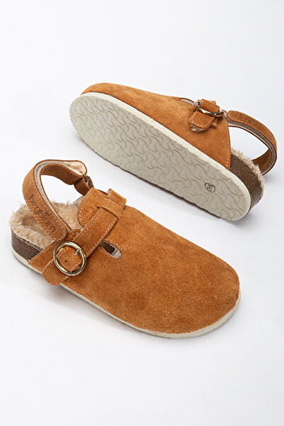 Beybium Sabo Real Suede Leather Cork Sole Furry Slippers Tan