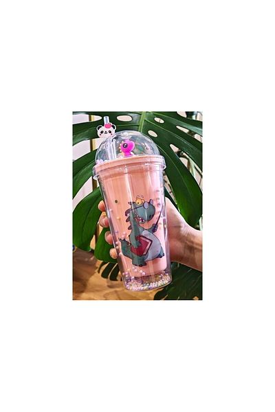 Lexi Bella Cute Dino Themed 450ml Water Bottle Double Layer Straw Flask