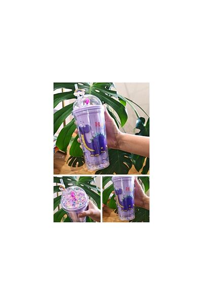 Lexi Bella Cute Dino Themed 450 ml Water Bottle Double Layer Straw Flask