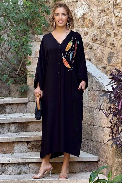 Nevin Kaya Moda Rochie cămașă neagră cu 3 pene brodate pe două fețe, de mărime mare, folosibilă - 100% bumbac viscoză