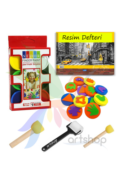 Artshop Südor 6x30 ml Parmak Boyası, Resim Defteri, 6 Adet Eva Baskı, Ponpon Fırça, Sünger Rulo Fırça,