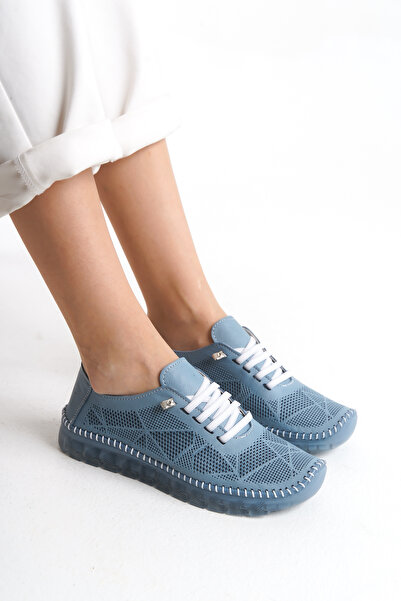 Limeo Hakiki Deri Delikli Yazlık Yumuşak Rahat Esnek Bağcıklı Günlük Anne Mavi Casual Kadın Ayakkabı