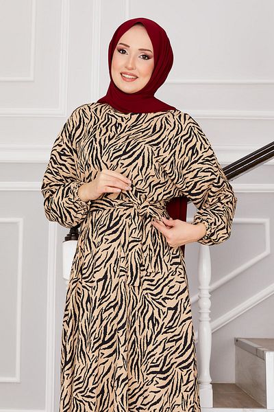 EBRUTESETTÜR Broken Glass Pattern Belted Wrapped Hijab Dress