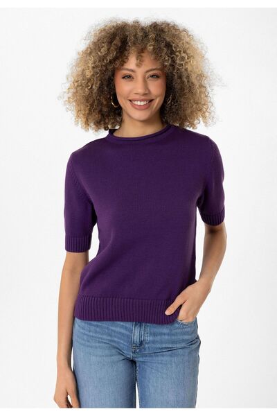Williot Felina Women's Purple Crew Neck Half Sleeve Ribbed Basic Slim Fit Knitwear Sweater