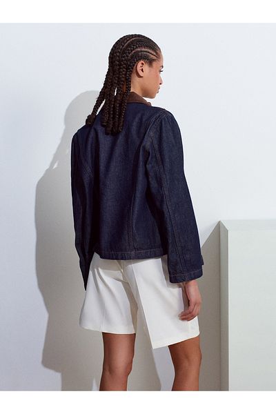 Dilvin 65363 Velvet Collar Zippered Denim Coat-Navy Blue