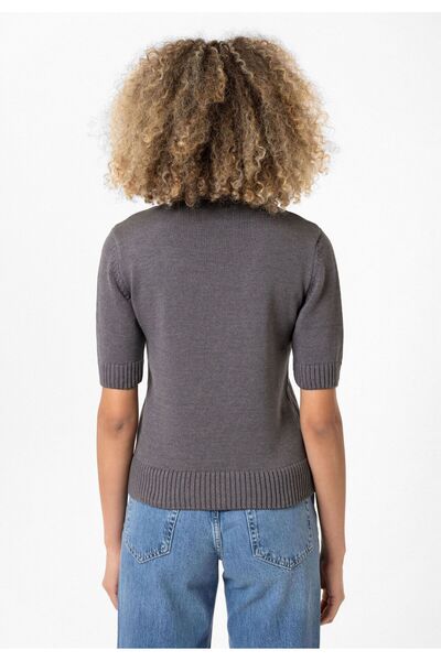 Williot Felina Women's Anthracite Crew Neck Half Sleeve Ribbed Basic Slim Fit Knitwear T-Shirt