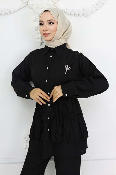 benguen Frilly Brooch Detailed Double Suit Black 4793