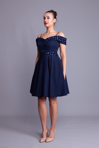 Bidoluelbise Navy Blue Strappy Off-Shoulder Checkered Sequin Detail Mini Length Flared Evening Dress