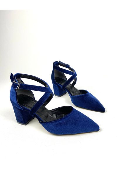 Gloriys Ayakkabı & Çanta Pantofi cu toc gros de 6 cm din catifea albastru noapte 01401
