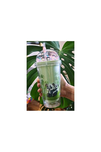 Lexi Bella Cute Panda Themed Straw with Character Figure Double Layer 450 ml Water Bottle Mica Flask Green 2770