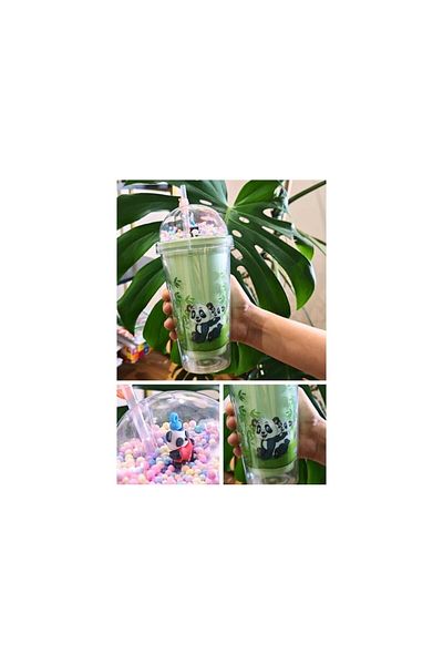 Lexi Bella Cute Panda Themed Straw with Character Figure Double Layer 450 ml Water Bottle Mica Flask Green 2770