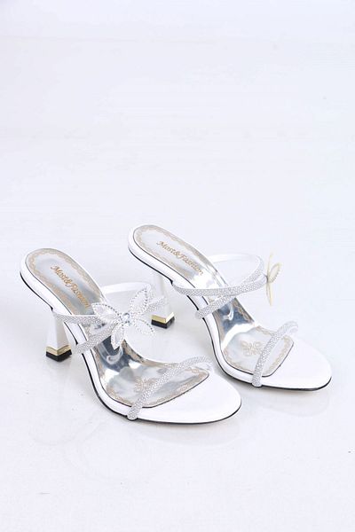sefayol Brendon White Butterfly Stone Patent Leather Heeled Women's Slippers