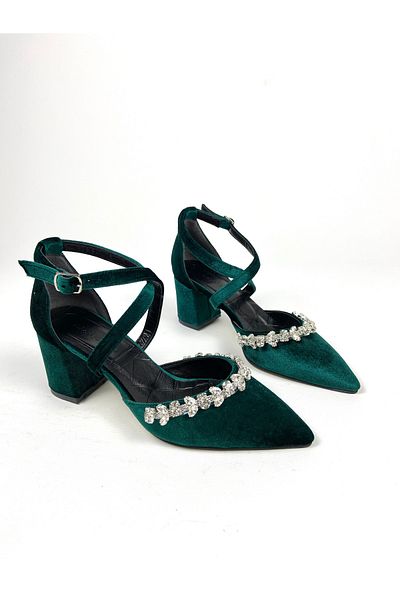 Gloriys Ayakkabı & Çanta Emerald Green Velvet Stone 6 cm High Thick Heel Shoes 1400