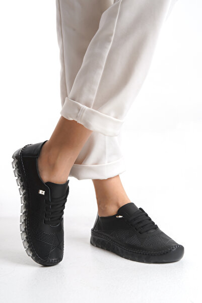 Limeo Genuine Leather Perforated Summer Soft Comfortable Flexible Lace-Up Daily Mother Black Casual Women's Shoes