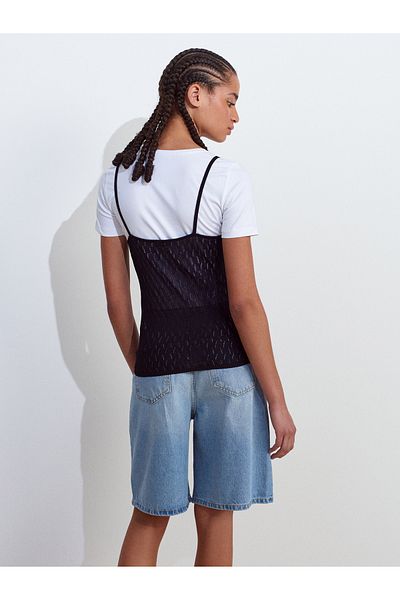 Dilvin 10732 Strappy Openwork Bow Detailed Thin Knitwear Blouse-Black
